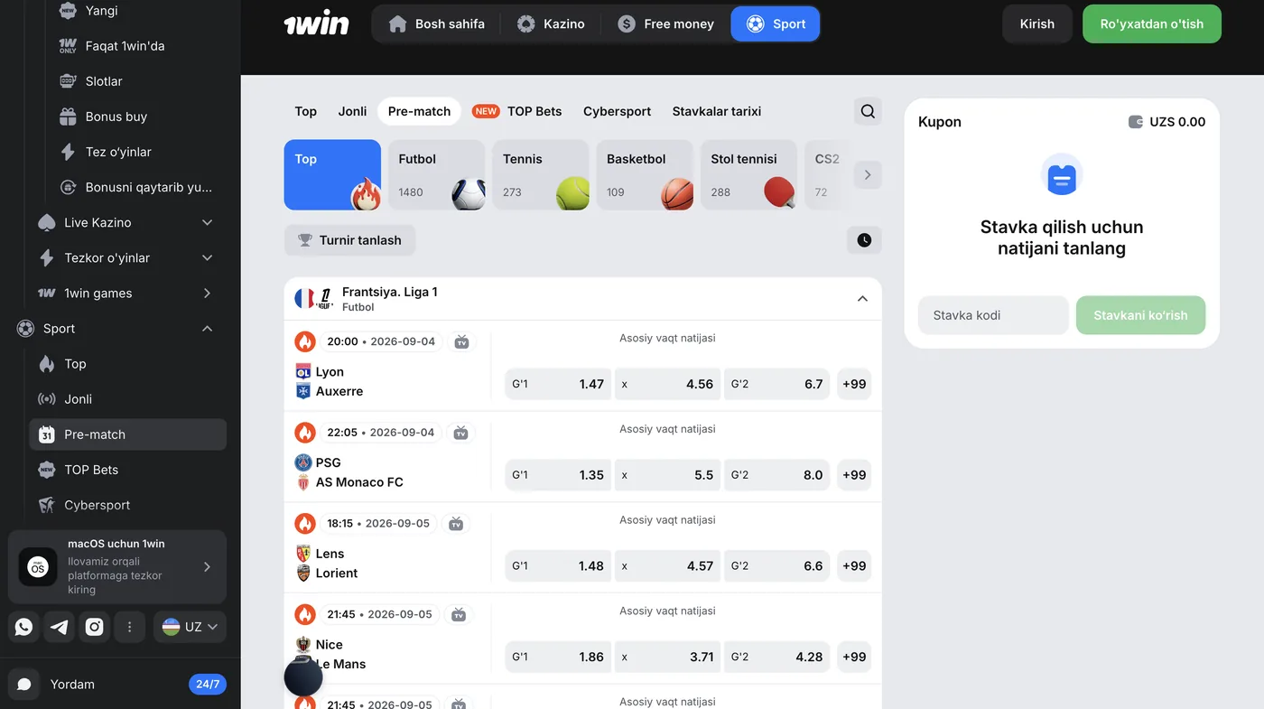 1Win prematch garovlar