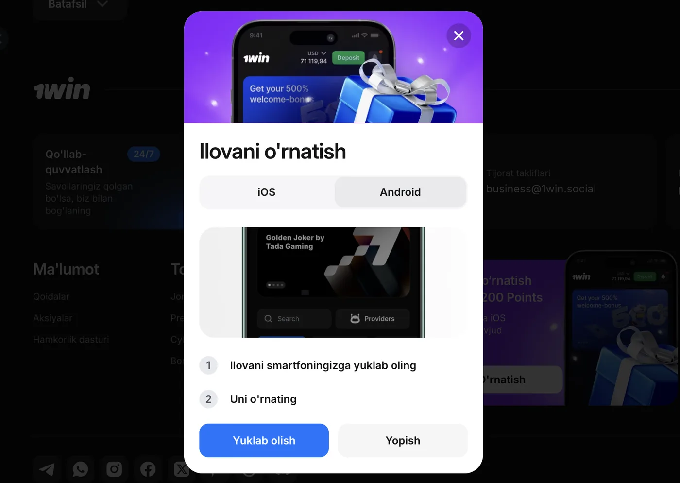 1Win Android ilovasi