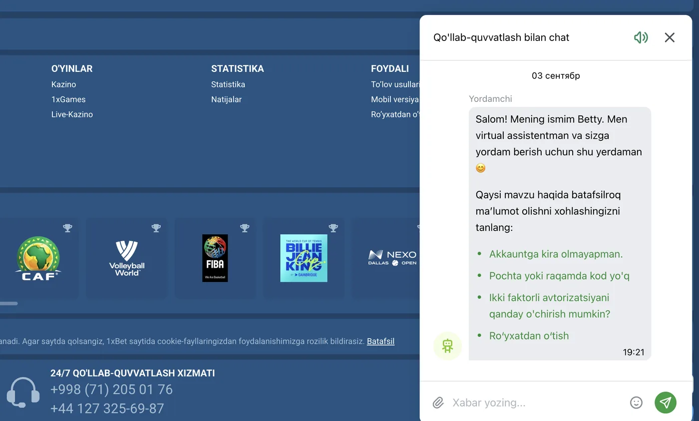 1xBet yordam xizmati