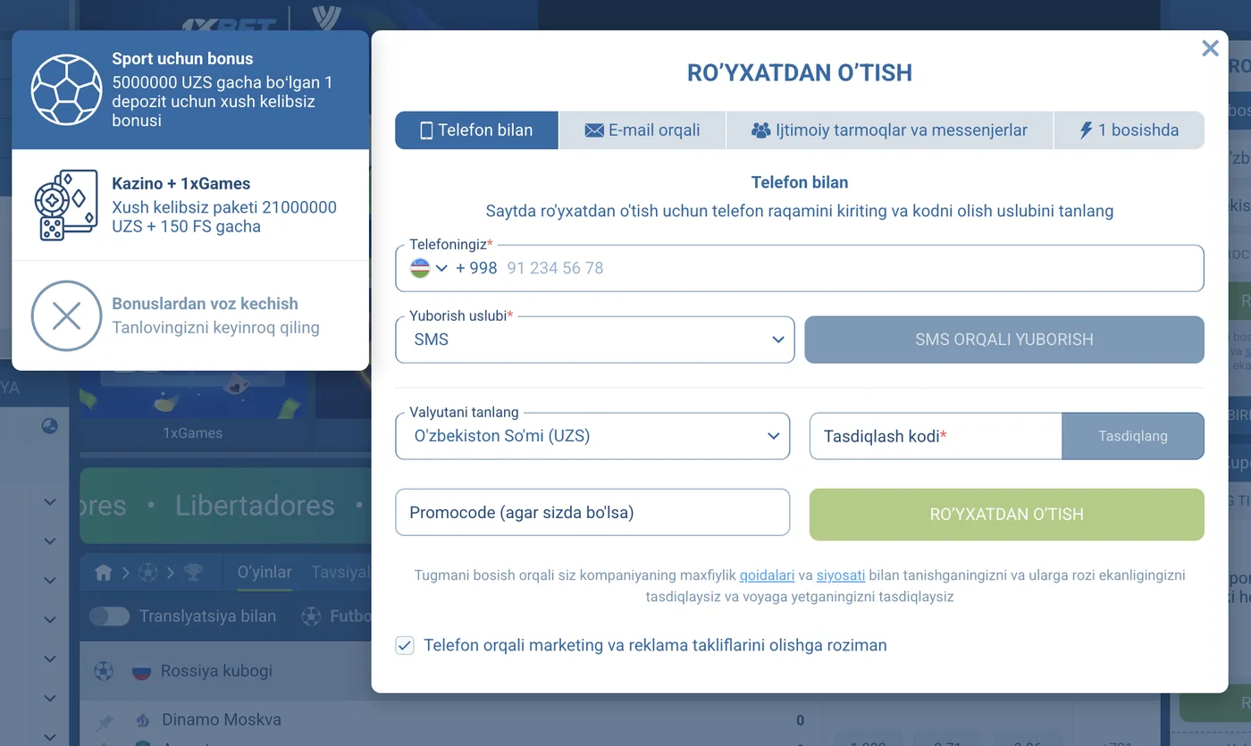 1xBet ro‘yxatdan o‘tish