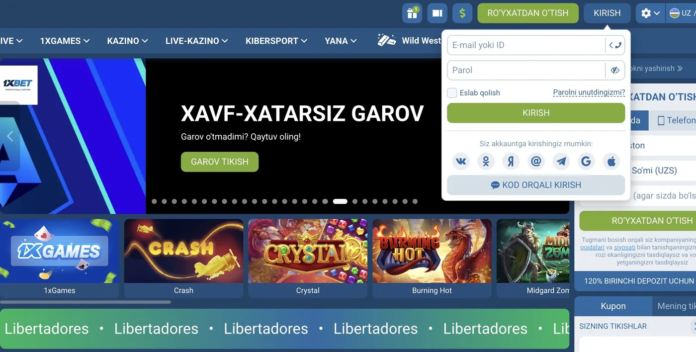 1xBet hisobga kirish