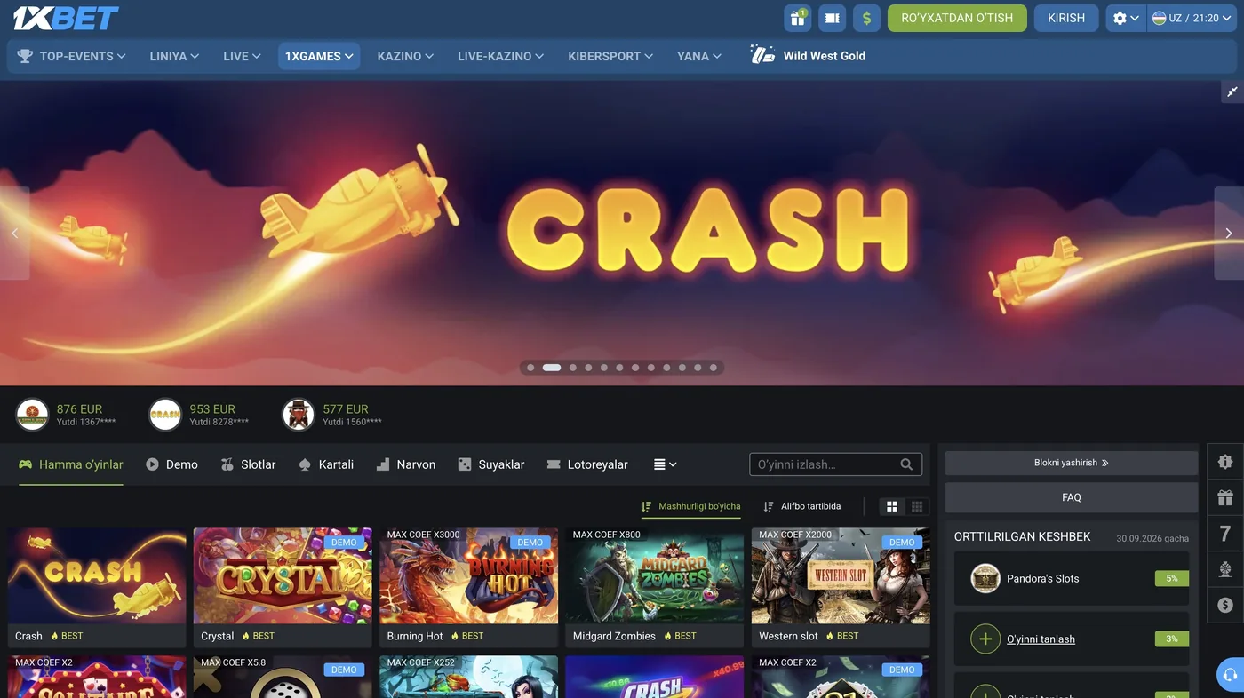 1xBet krash o‘yinlar