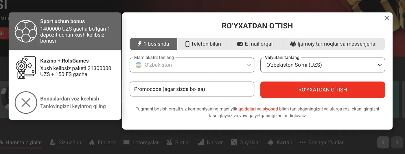 RolsBet ro‘yxatdan o‘tish