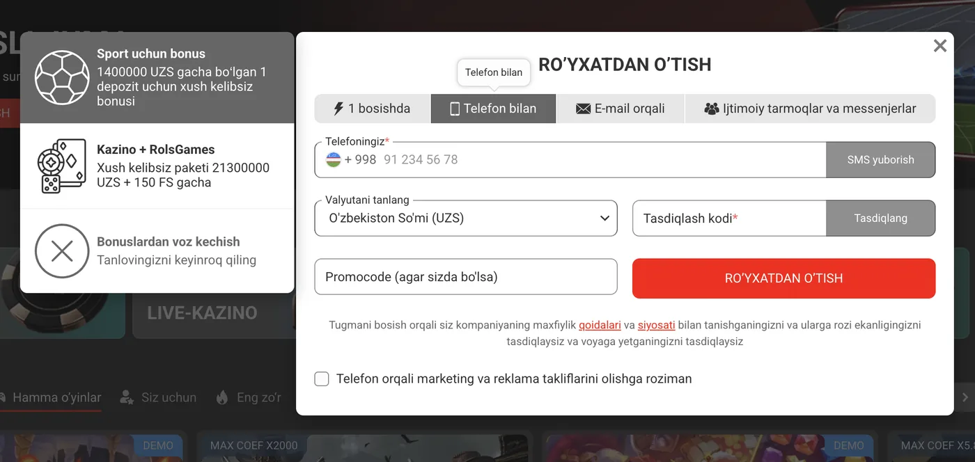 RolsBet ro‘yxatdan o‘tish