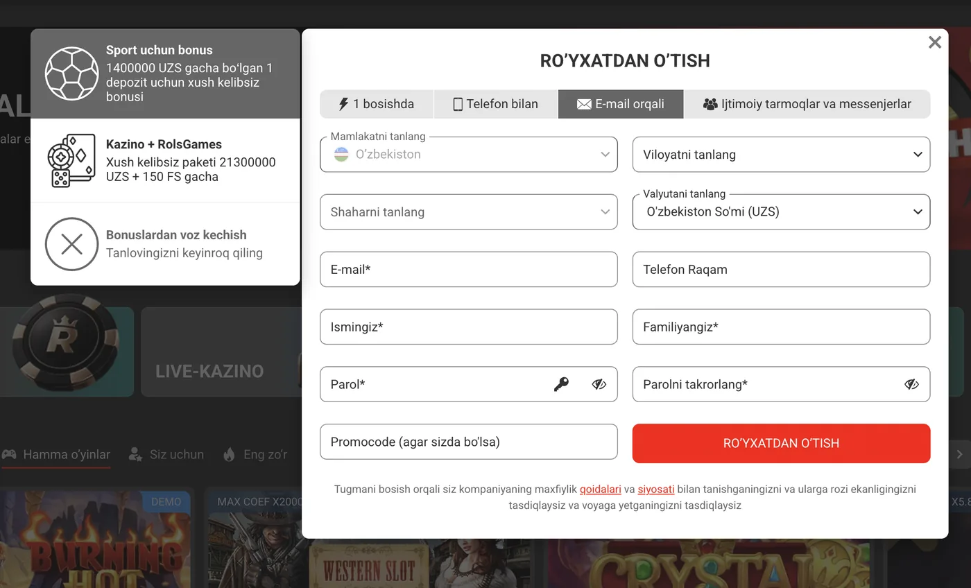 RolsBet ro‘yxatdan o‘tish
