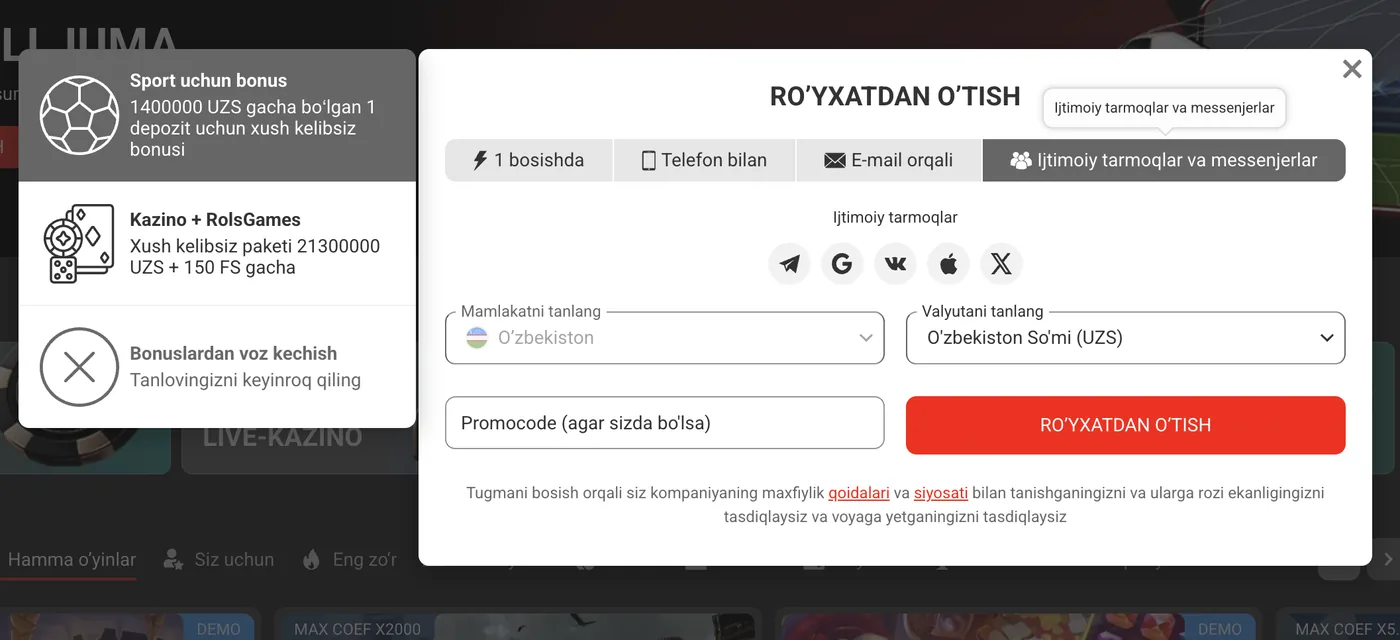 RolsBet ro‘yxatdan o‘tish