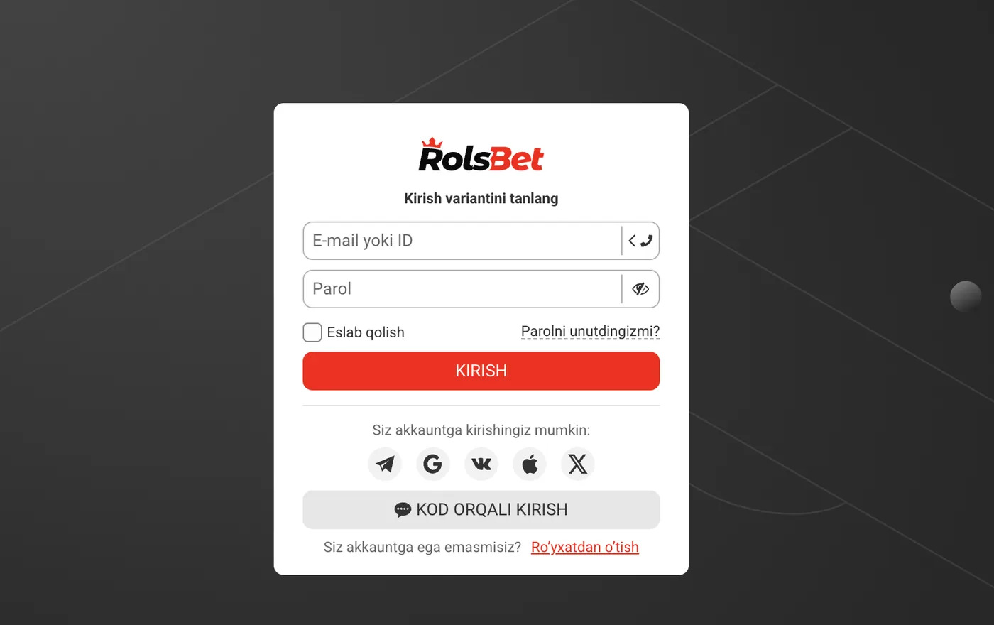 RolsBet hisobga kirish